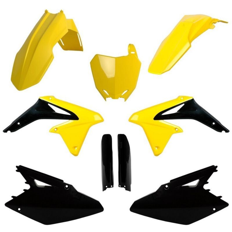 POLISPORT KOMPLET PLASTIKÓW (FULL KIT) SUZUKI RMZ 450 '08-'17 W ZESTAWIE TABLICA PRZEDNIA (8659300001) I OSŁONY AMORTYZARORÓW (8398300002) KOLOR CZARNY ŻÓŁTY OEM