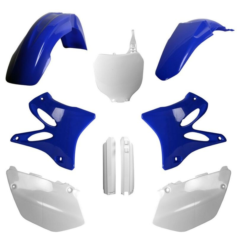 POLISPORT KOMPLET PLASTIKÓW (FULL KIT) YAMAHA YZ 125/250 '02-'04 W ZESTAWIE TABLICA PRZEDNIA (8658000001) I OSŁONY AMORTYZARORÓW (8392000001) KOLOR NIEBIESKI BIAŁY OEM