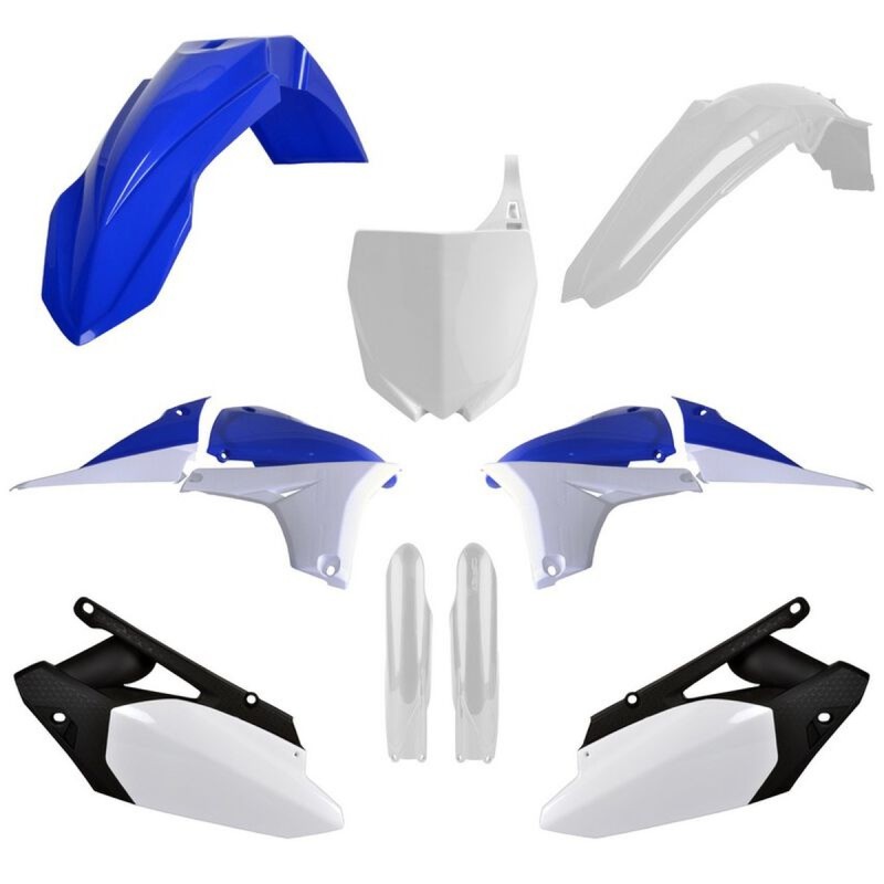 POLISPORT WYPRZEDAŻ KOMPLET PLASTIKÓW (FULL KIT) YAMAHA YZ 450F '10-13 W ZESTAWIE TABLICA PRZEDNIA (8678400001) I OSŁONY AMORTYZARORÓW (8352000001) KOLOR NIEBIESKO BIAŁY OEM