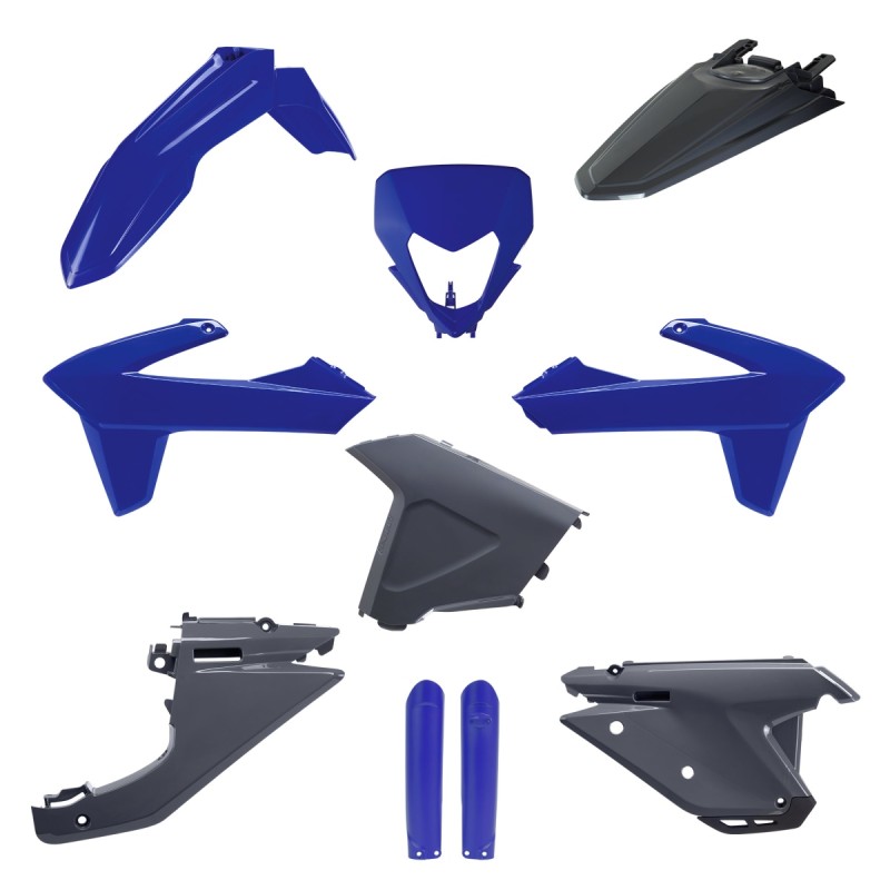 POLISPORT KOMPLET PLASTIKÓW (FULL KIT) SHERCO SE / SEF '25 W ZESTAWIE OSŁONA LAMPY (8681100002) I OSŁONY AMORTYZATORÓW (8398600002) KOLOR NIEBIESKI BIAŁY SZARY OEM