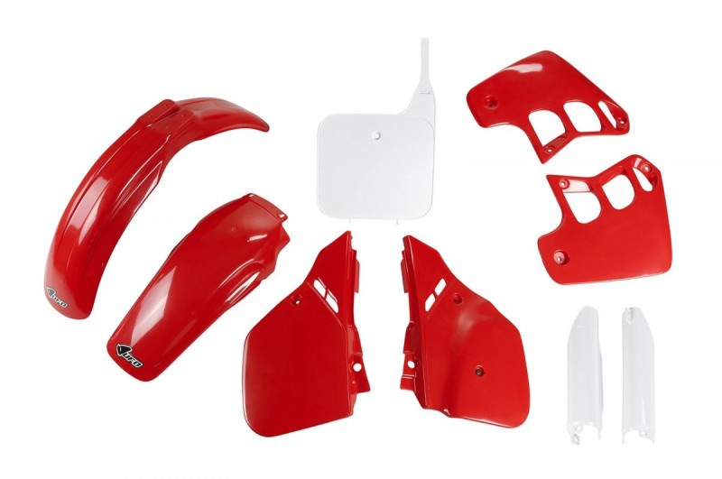 UFO KOMPLET PLASTIKÓW (FULL KIT) Z OSŁONAMI TELESKOPÓW (AMORTYZATORÓW) HONDA CR 250 '88-'89 KOLOR OEM (CZERWONY/BIAŁY) (HO092E999)