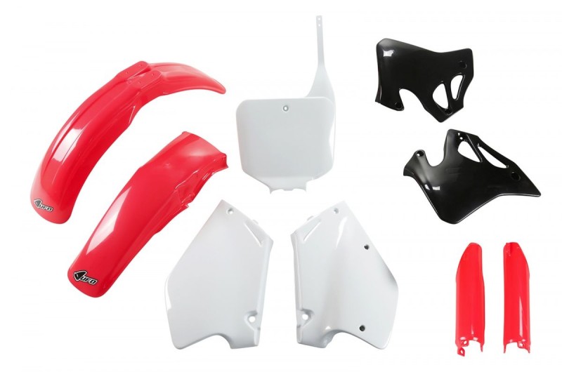 UFO KOMPLET PLASTIKÓW (FULL KIT) Z OSŁONAMI TELESKOPÓW (AMORTYZATORÓW) HONDA CR 125 '95-'97, CR 250 '95-'96 KOLOR OEM (CZERWONY/BIAŁY/CZARNY) (HO095E999)