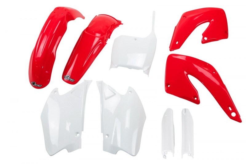 UFO KOMPLET PLASTIKÓW (FULL KIT) Z OSŁONAMI TELESKOPÓW (AMORTYZATORÓW) HONDA CR 125/250 '00-'01 KOLOR OEM (CZERWONY/BIAŁY) (HO100E999)