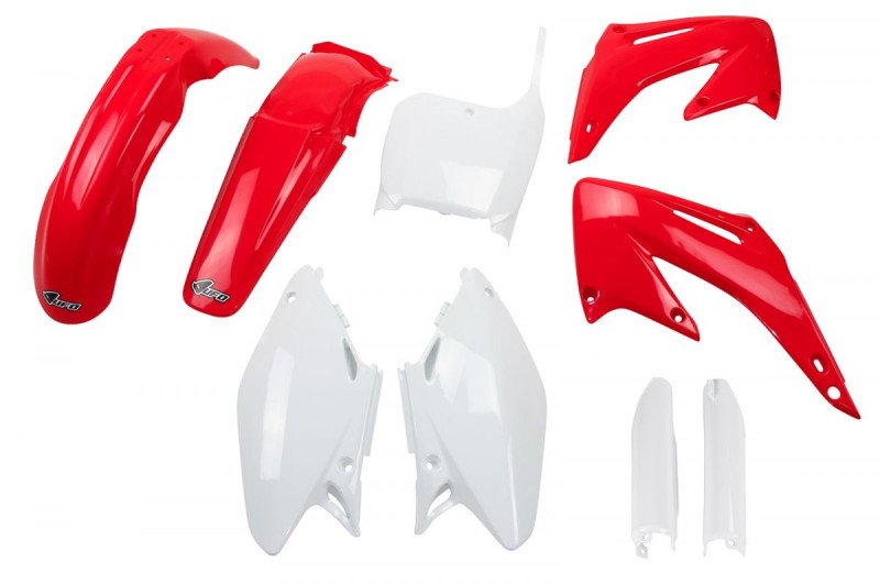 UFO KOMPLET PLASTIKÓW (FULL KIT) Z OSŁONAMI TELESKOPÓW (AMORTYZATORÓW) HONDA CR 125/250 '02-'03 KOLOR OEM (CZERWONY/BIAŁY) (HO101E999)
