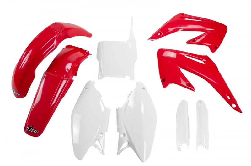 UFO KOMPLET PLASTIKÓW (FULL KIT) Z OSŁONAMI TELESKOPÓW (AMORTYZATORÓW) HONDA CR 125/250 '04-'07 KOLOR OEM (CZERWONY/BIAŁY) (HO103E999)