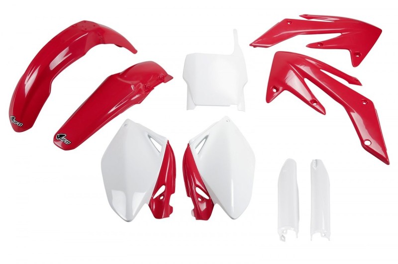 UFO KOMPLET PLASTIKÓW (FULL KIT) Z OSŁONAMI TELESKOPÓW (AMORTYZATORÓW) HONDA CRF 250R '06-'07 KOLOR OEM (CZERWONY/BIAŁY) (HO105E999)
