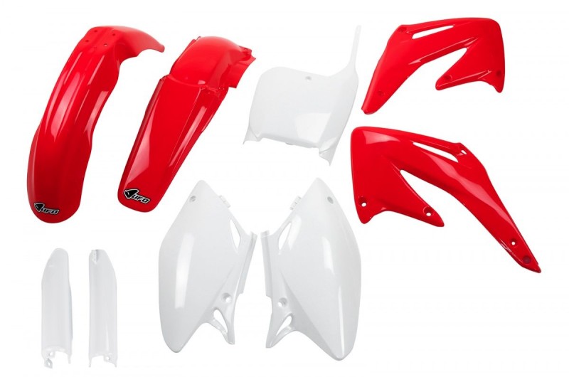 UFO KOMPLET PLASTIKÓW (FULL KIT) Z OSŁONAMI TELESKOPÓW (AMORTYZATORÓW) HONDA CRF 450 R '02-'03 KOLOR OEM (CZERWONY/BIAŁY) (HO106E999)