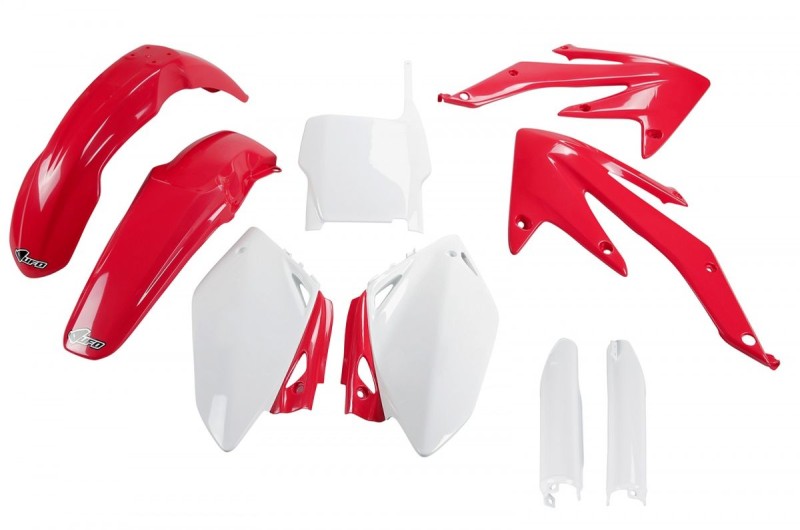 UFO KOMPLET PLASTIKÓW (FULL KIT) Z OSŁONAMI TELESKOPÓW (AMORTYZATORÓW) HONDA CRF 450 R '05-'06 KOLOR OEM (CZERWONY/BIAŁY) (HO108E999)