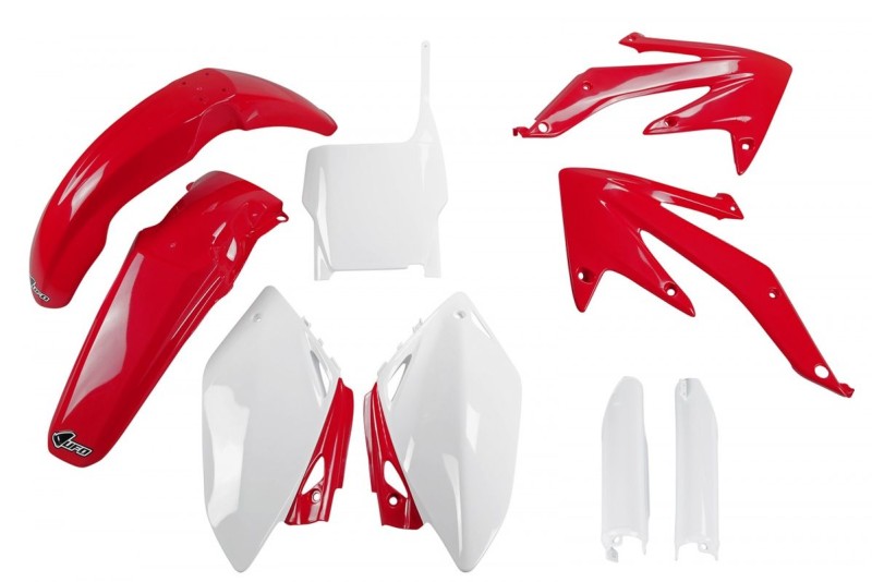UFO KOMPLET PLASTIKÓW (FULL KIT) Z OSŁONAMI TELESKOPÓW (AMORTYZATORÓW) HONDA CRF 450 R '07 KOLOR OEM (CZERWONY/BIAŁY) (HO110E999)