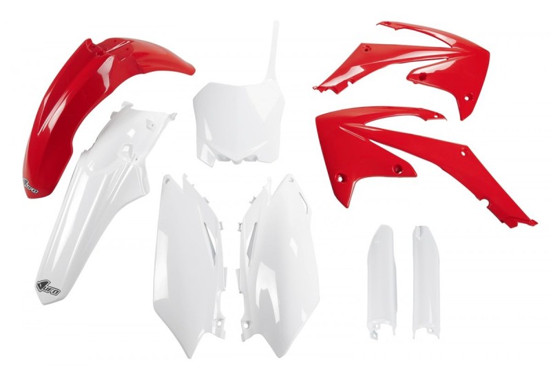 UFO KOMPLET PLASTIKÓW (FULL KIT) Z OSŁONAMI TELESKOPÓW (AMORTYZATORÓW) HONDA CRF 450 R '09-'10, CRF 250 '10 KOLOR OEM (CZERWONY/BIAŁY) (HO113E999)