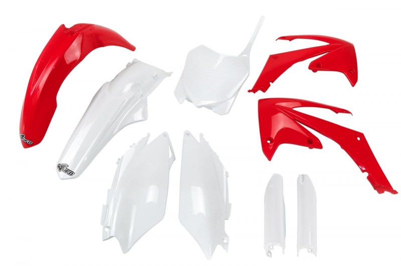 UFO KOMPLET PLASTIKÓW (FULL KIT) Z OSŁONAMI TELESKOPÓW (AMORTYZATORÓW) HONDA CRF 250R '11-'13, CRF 450R 11-12 KOLOR OEM (CZERWONY/BIAŁY) (HO114E999)