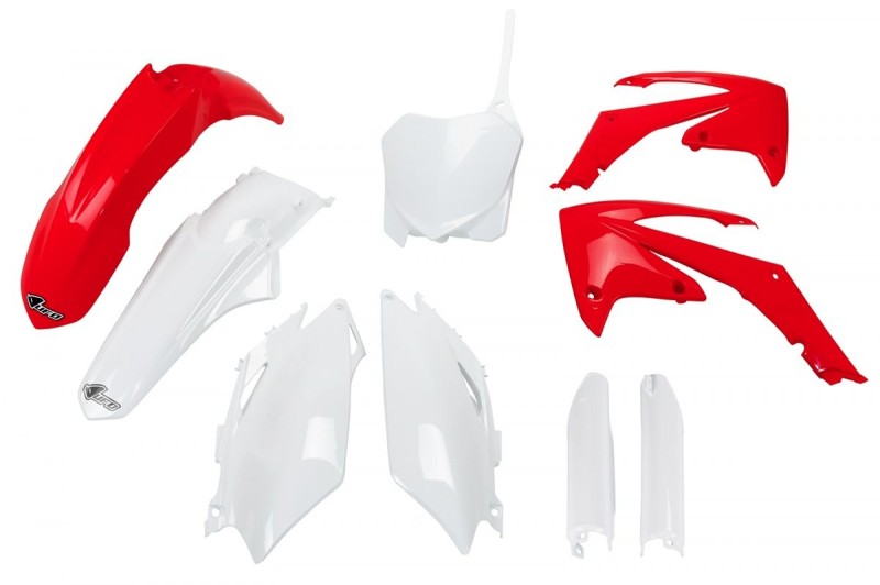 UFO KOMPLET PLASTIKÓW (FULL KIT) Z OSŁONAMI TELESKOPÓW (AMORTYZATORÓW) HONDA CRF 250R '11-'13, CRF 450R '11-'12 KOLOR OEM (CZERWONY/BIAŁY) (HO115E999)