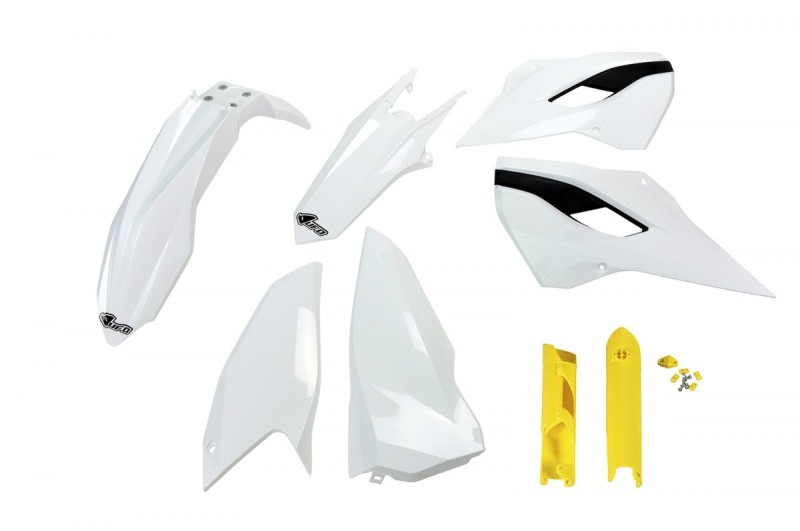 UFO KOMPLET PLASTIKÓW (FULL KIT) Z OSŁONAMI TELESKOPÓW (AMORTYZATORÓW) HUSQVARNA TE/FE 125/250/300/350/450 '14 KOLOR OEM (BIAŁY) (HU614E999)