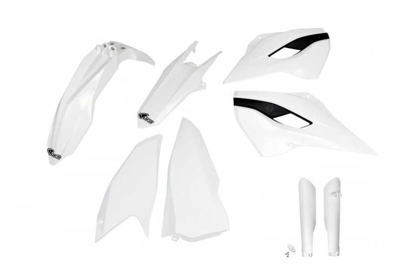 UFO KOMPLET PLASTIKÓW (FULL KIT) Z OSŁONAMI TELESKOPÓW (AMORTYZATORÓW) HUSQVARNA TE/FE 125/250/300/350/450 '15-'16 KOLOR BIAŁY (HU615E041)