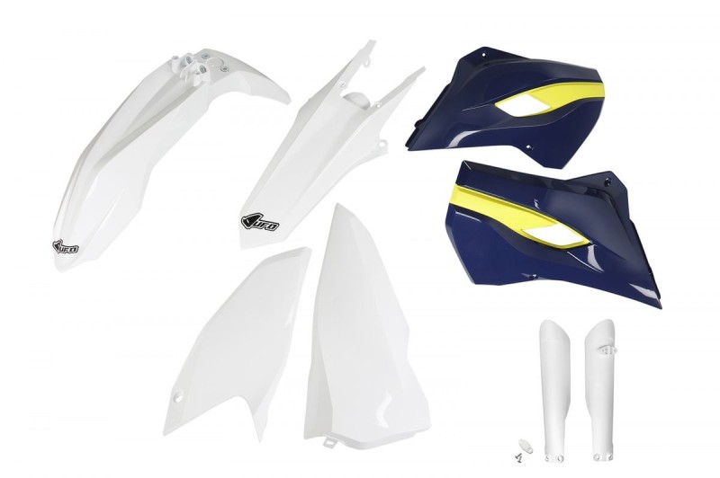 UFO KOMPLET PLASTIKÓW (FULL KIT) Z OSŁONAMI TELESKOPÓW (AMORTYZATORÓW) HUSQVARNA TE/FE 125/250/300/350/450 '15-'16 KOLOR OEM '15 (BIAŁY/ŻÓŁTY) (HU615E999)