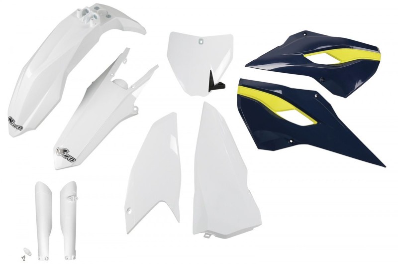 UFO KOMPLET PLASTIKÓW (FULL KIT) Z OSŁONAMI TELESKOPÓW (AMORTYZATORÓW) HUSQVARNA TC 250 '16, KOLOR OEM (BIAŁY/NIEBIESKI) (HU617E999)