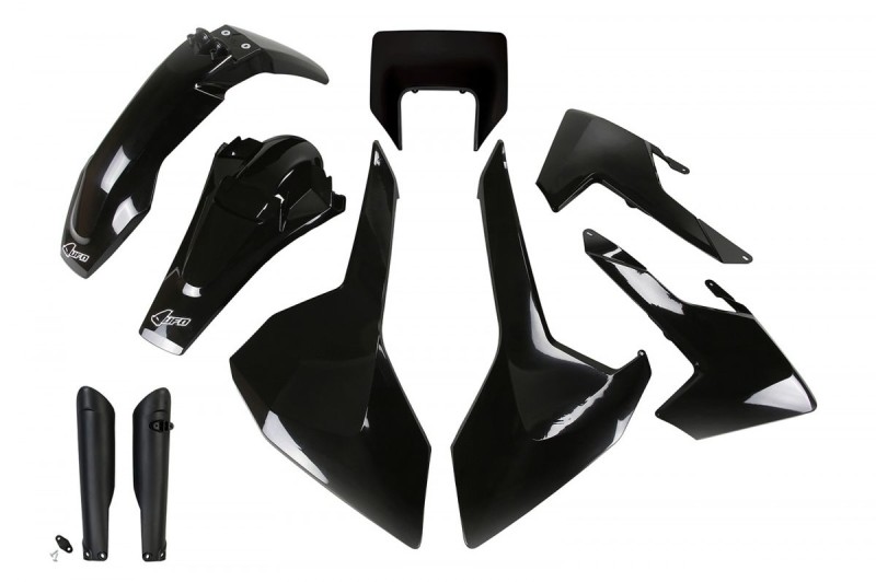 UFO KOMPLET PLASTIKÓW (FULL KIT) Z OSŁONAMI TELESKOPÓW (AMORTYZATORÓW) HUSQVARNA TX/TE/FE '17-'19 Z OSŁONĄ LAMPY KOLOR CZARNY (HU621E001)