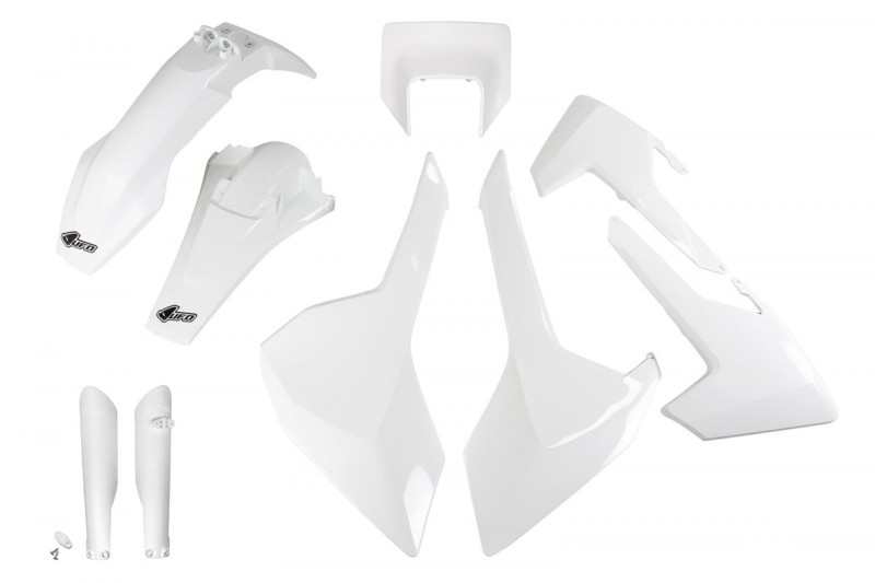 UFO KOMPLET PLASTIKÓW (FULL KIT) Z OSŁONAMI TELESKOPÓW (AMORTYZATORÓW) HUSQVARNA TX/TE/FE '17-'19 Z OSŁONĄ LAMPY KOLOR BIAŁY (HU621E041)