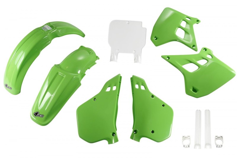 UFO KOMPLET PLASTIKÓW (FULL KIT) Z OSŁONAMI TELESKOPÓW (AMORTYZATORÓW) KAWASAKI KX 250 '90-'91, KOLOR OEM (ZIELONY/BIAŁY) (KA188E999)