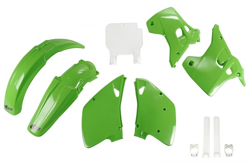 UFO KOMPLET PLASTIKÓW (FULL KIT) Z OSŁONAMI TELESKOPÓW (AMORTYZATORÓW) KAWASAKI KX 125 / 250 '93 KOLOR OEM (ZIELONY/BIAŁY) (KA194E999)