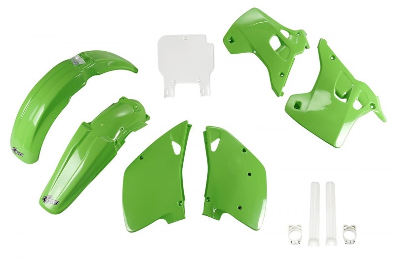 UFO KOMPLET PLASTIKÓW (FULL KIT) Z OSŁONAMI TELESKOPÓW (AMORTYZATORÓW) KAWASAKI KX 125 / 250 '92 KOLOR OEM (ZIELONY/BIAŁY) (KA195E999)