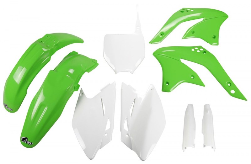 UFO KOMPLET PLASTIKÓW (FULL KIT) Z OSŁONAMI TELESKOPÓW (AMORTYZATORÓW) KAWASAKI KXF 450 '08 KOLOR OEM (ZIELONY/ BIAŁY) (KA211E999)