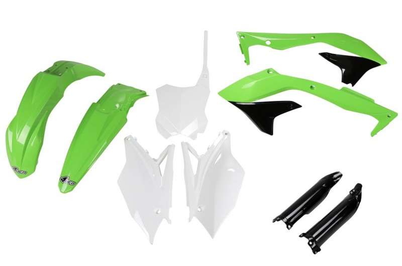 UFO KOMPLET PLASTIKÓW (FULL KIT) Z OSŁONAMI TELESKOPÓW (AMORTYZATORÓW) KAWASAKI KXF 450 '16-'17 KOLOR OEM (ZIELONY/BIAŁY/CZARNY) (KA223E999)
