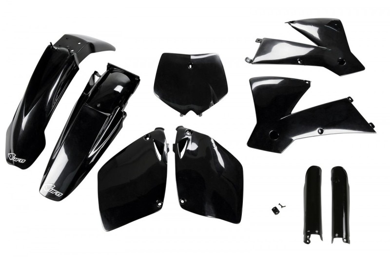 UFO KOMPLET PLASTIKÓW (FULL KIT) Z OSŁONAMI TELESKOPÓW (AMORTYZATORÓW) KTM SX-SXF '01-'02 KOLOR CZARNY