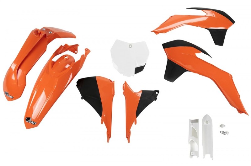 UFO KOMPLET PLASTIKÓW (FULL KIT) Z OSŁONAMI TELESKOPÓW (AMORTYZATORÓW) KTM SX/SXF '13-'15, SX 250 '16, KOLOR OEM '13-'14 (POMARAŃCZOWY/CZARNY/BIAŁY) (KT515E999)