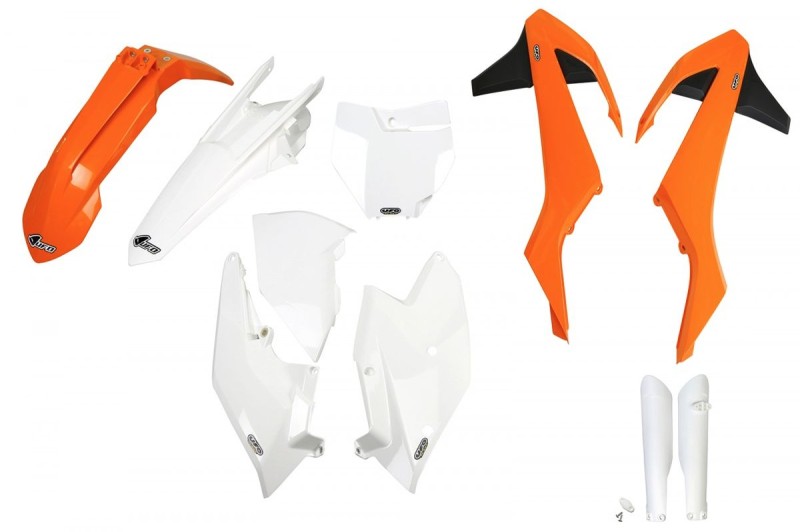 UFO KOMPLET PLASTIKÓW (FULL KIT) Z OSŁONAMI TELESKOPÓW (AMORTYZATORÓW) KTM SX/SXF '16-'18 (Z WYJĄTKIEM SX 250 '16), KOLOR OEM '16 (POMARAŃCZOWY/BIAŁY) (KT517E999)