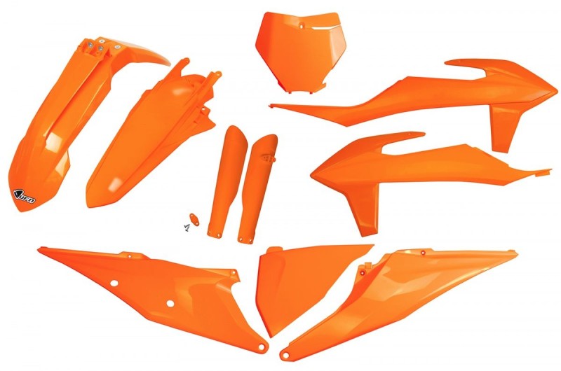 UFO KOMPLET PLASTIKÓW (FULL KIT) Z OSŁONAMI TELESKOPÓW (AMORTYZATORÓW) KTM SX 125/150/250 '19-'22, SXF (SX-F) 250/350/450 '19-'22 KOLOR POMARAŃCZOWY (KT522E127)