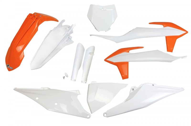 UFO KOMPLET PLASTIKÓW (FULL KIT) Z OSŁONAMI TELESKOPÓW (AMORTYZATORÓW) KTM SX 125/150/250 '19-'22, SXF (SX-F) 250/350/450 '19-'22 KOLOR OEM (POMARAŃCZOWY/BIAŁY) (KT522E999)