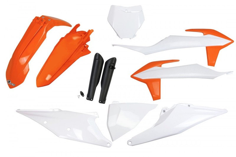 UFO KOMPLET PLASTIKÓW (FULL KIT) Z OSŁONAMI TELESKOPÓW (AMORTYZATORÓW) KTM SX 125/150/250 '19-'22, SXF (SX-F) 250/350/450 '19-'22 KOLOR OEM '21 (BIAŁY/POMARAŃCZOWY)