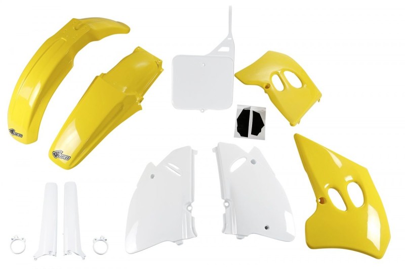 UFO KOMPLET PLASTIKÓW (FULL KIT) Z OSŁONAMI TELESKOPÓW (AMORTYZATORÓW) SUZUKI RM 125 '94-'95, RM 250 '94-'95 KOLOR OEM (ZÓŁTY/BIAŁY) (SU394E999)