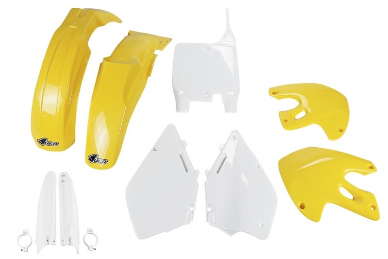 UFO KOMPLET PLASTIKÓW (FULL KIT) Z OSŁONAMI TELESKOPÓW (AMORTYZATORÓW) SUZUKI RM 125 / 250 '99-'00 KOLOR OEM (BIAŁY/ŻÓŁTY) (SU400E999)
