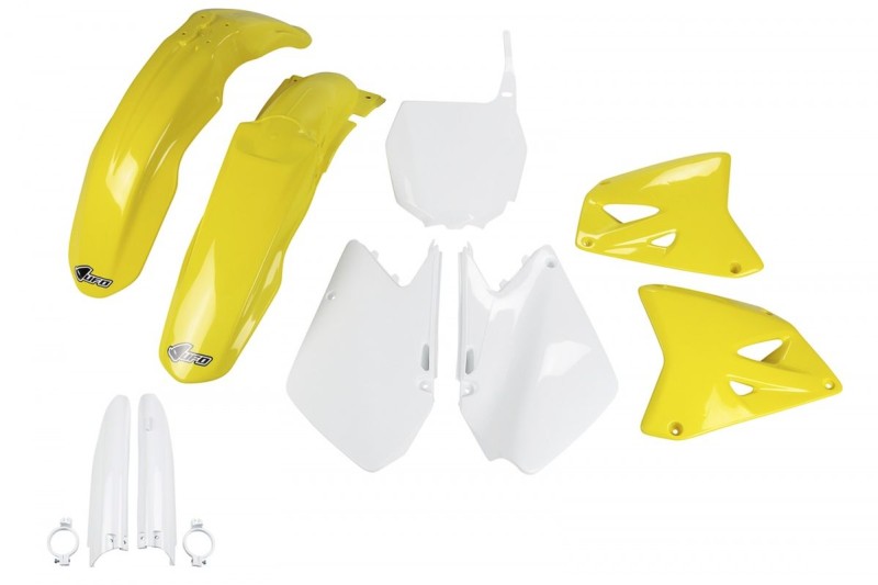 UFO KOMPLET PLASTIKÓW (FULL KIT) Z OSŁONAMI TELESKOPÓW (AMORTYZATORÓW) SUZUKI RM 125 '01-'22, RM 250 '01-'22 KOLOR OEM (BIAŁY/ŻÓŁTY) (SU402E999)