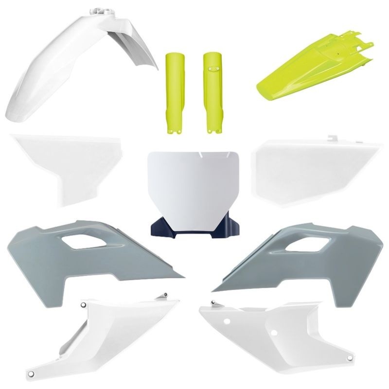 POLISPORT KOMPLET PLASTIKÓW (FULL KIT) HUSQVARNA TC/FC '23-'25 W ZESTAWIE TABLICA PRZEDNIA (8671700001) I OSŁONY AMORTYZARORÓW (8352500004) KOLOR SZARY BIAŁY OEM