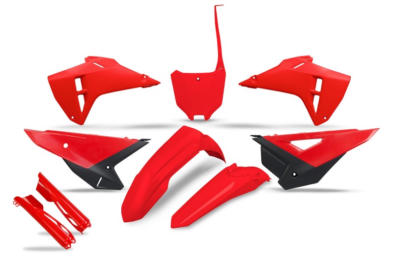 UFO 2024/11 KOMPLET PLASTIKÓW (FULL KIT) Z OSŁONAMI TELESKOPÓW (AMORTYZATORÓW) HONDA CRF 250R / 450R '25 KOLOR OEM (CZERWONY / CZARNY)