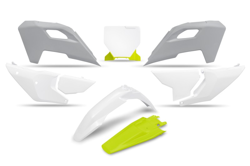 UFO 2024/11 KOMPLET PLASTIKÓW HUSQVARNA TC 125 / 250 '23-'24, FC 250 / 350 / 450 '23-'24, FX 350 / 450 '23-'24, TX 300 '24, KOLOR OEM '24 ( BIAŁY / ŻÓŁTY ) (PRZEDŁUŻONA TABLICA NA NUMER STARTOWY)