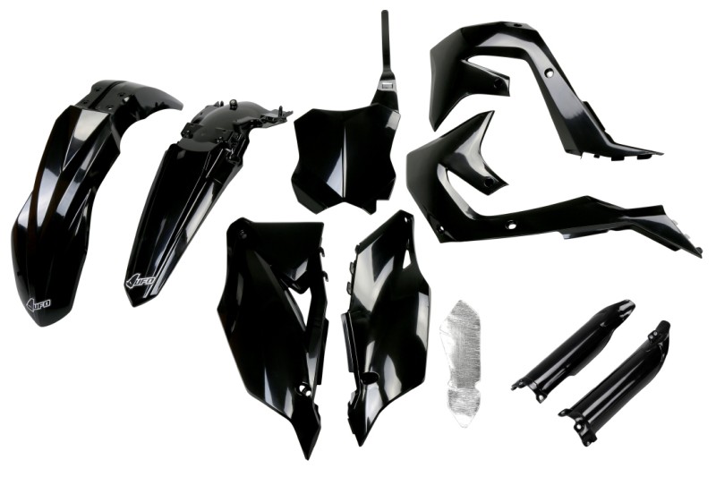 UFO 2024/11 KOMPLET PLASTIKÓW (FULL KIT) Z OSŁONAMI TELESKOPÓW (AMORTYZATORÓW) KAWASAKI KXF 250 '21-24, KXF 450 '19-23 KOLOR CZARNY