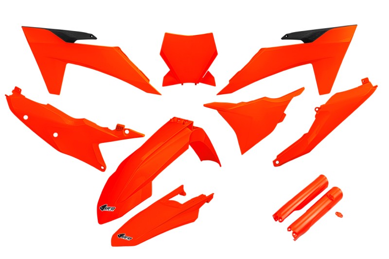 UFO 2024/11 KOMPLET PLASTIKÓW (FULL KIT) Z OSŁONAMI TELESKOPÓW (AMORTYZATORÓW) KTM SX 125 / 250 / 300 TBI '23-'24, SX-F 250 / 350 / 450 '23-'24 KOLOR POMARAŃCZOWY FLUO