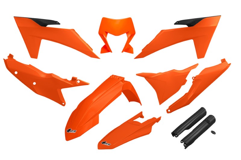 UFO 2024/11 KOMPLET PLASTIKÓW (FULL KIT) Z OSŁONAMI TELESKOPÓW (AMORTYZATORÓW) KTM EXC 150 / 250 / 300 TBI '24-'25, EXC-F 250 / 350 / 450 / 500 '24-'25 KOLOR OEM '25 ( POMARAŃCZOWY / CZARNY )