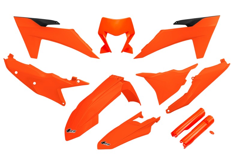 UFO 2024/11 KOMPLET PLASTIKÓW (FULL KIT) Z OSŁONAMI TELESKOPÓW (AMORTYZATORÓW) KTM EXC 150 / 250 / 300 TBI '24-'25, EXC-F 250 / 350 / 450 / 500 '24-'25 KOLOR POMARAŃCZOWY FLUO