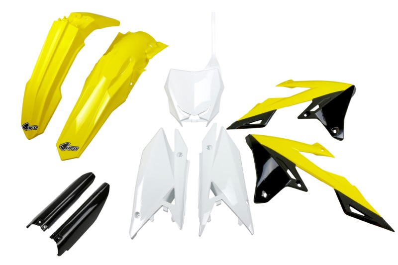 UFO 2024/11 KOMPLET PLASTIKÓW (FULL KIT) Z OSŁONAMI TELESKOPÓW (AMORTYZATORÓW) SUZUKI RMZ 250 '19-'25, RMZ 450 '18-'25 KOLOR OEM ( ŻÓŁTY / BIAŁY / CZARNY )