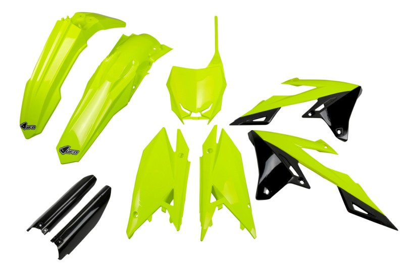 UFO 2024/11 KOMPLET PLASTIKÓW (FULL KIT) Z OSŁONAMI TELESKOPÓW (AMORTYZATORÓW) SUZUKI RMZ 250 '19-'25, RMZ 450 '18-'25 KOLOR ŻÓLTY FLUO