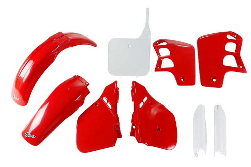UFO 2024/11 KOMPLET PLASTIKÓW (FULL KIT) Z OSŁONAMI TELESKOPÓW (AMORTYZATORÓW) HONDA CR 500 '89-'90 KOLOR OEM (CZERWONY/BIAŁY) (HO091E999)