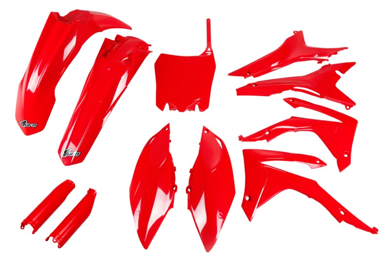 UFO 2024/11 KOMPLET PLASTIKÓW (FULL KIT) Z OSŁONAMI TELESKOPÓW (AMORTYZATORÓW) HONDA CRF 250R 14-17, CRF 450R 13-16 Z OSŁONAMI FILTRA POWIETRZA KOLOR CZERWONY