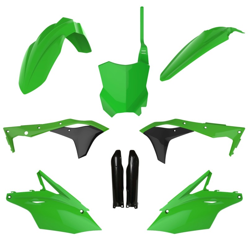 POLISPORT KOMPLET PLASTIKÓW (FULL KIT) KAWASAKI KXF 250 '17-'20 W ZESTAWIE TABLICA PRZEDNIA (8665900001) I OSŁONY AMORTYZARORÓW (8351800002) KOLOR ZIELONY CZARNY