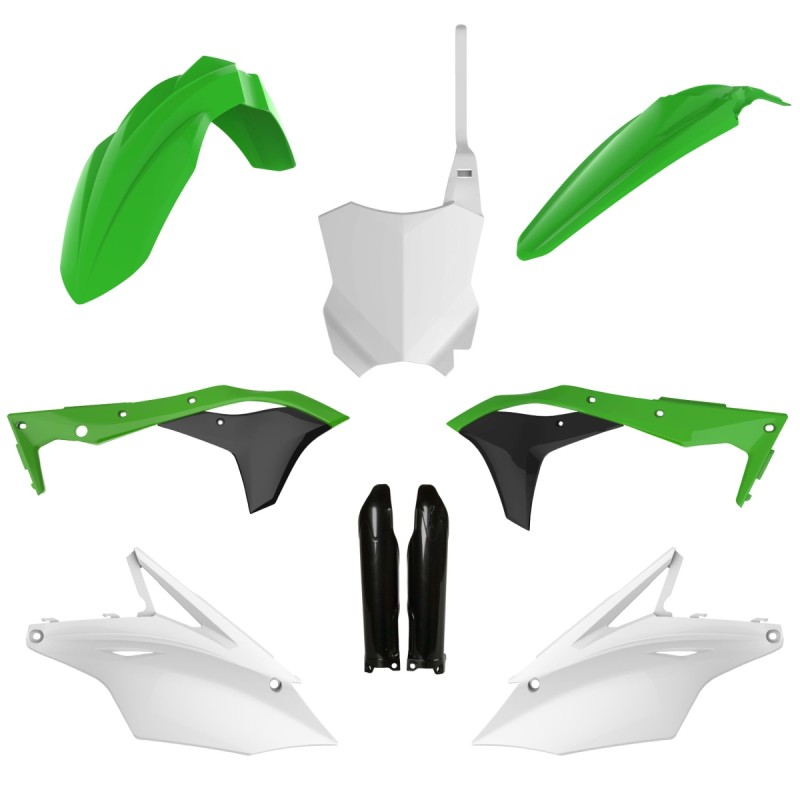 POLISPORT KOMPLET PLASTIKÓW (FULL KIT) KAWASAKI KXF 250 '17-'20 W ZESTAWIE TABLICA PRZEDNIA (8665900001) I OSŁONY AMORTYZARORÓW (8351800005) KOLOR ZIELONY CZARNY BIAŁY