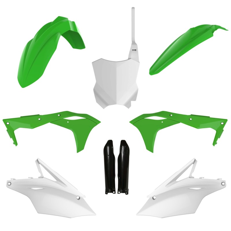 POLISPORT KOMPLET PLASTIKÓW (FULL KIT) KAWASAKI KXF 250 '17-'20 W ZESTAWIE TABLICA PRZEDNIA (8665900002) I OSŁONY AMORTYZARORÓW (8351800002) KOLOR ZIELONY BIAŁY CZARNY